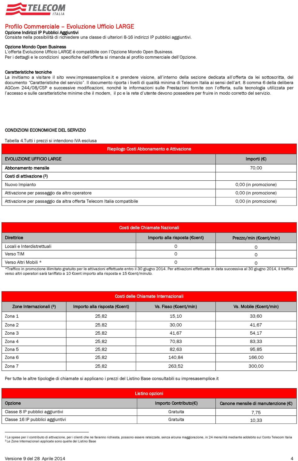 Per i dettagli e le condizioni specifiche dell offerta si rimanda al profilo commerciale dell Opzione. Caratteristiche tecniche La invitiamo a visitare il sito www.impresasemplice.