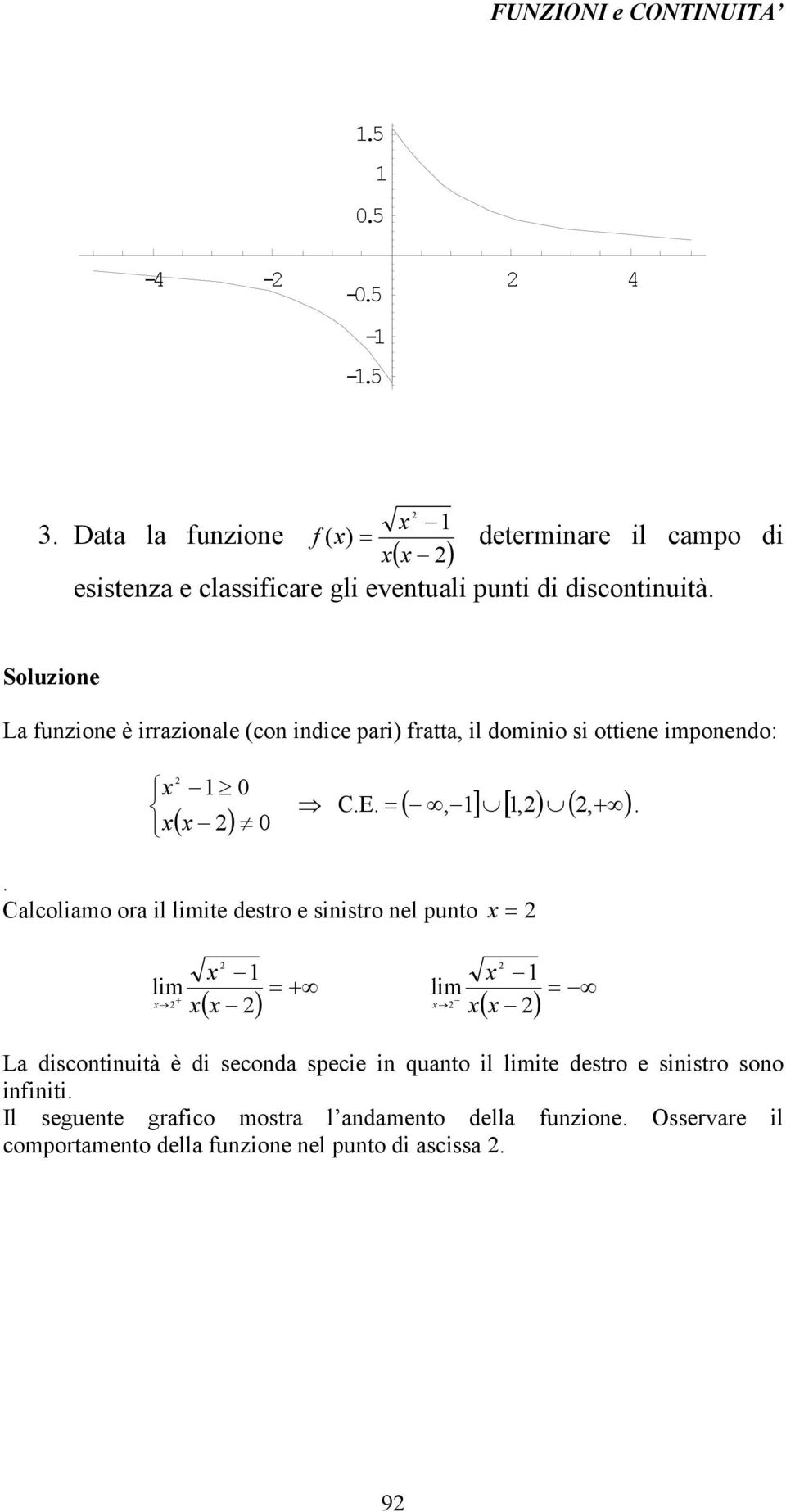 . Calcoliamo ora il ite destro e sinistro nel punto ( ) ( ) La discontinuità è di seconda specie in quanto il ite destro e