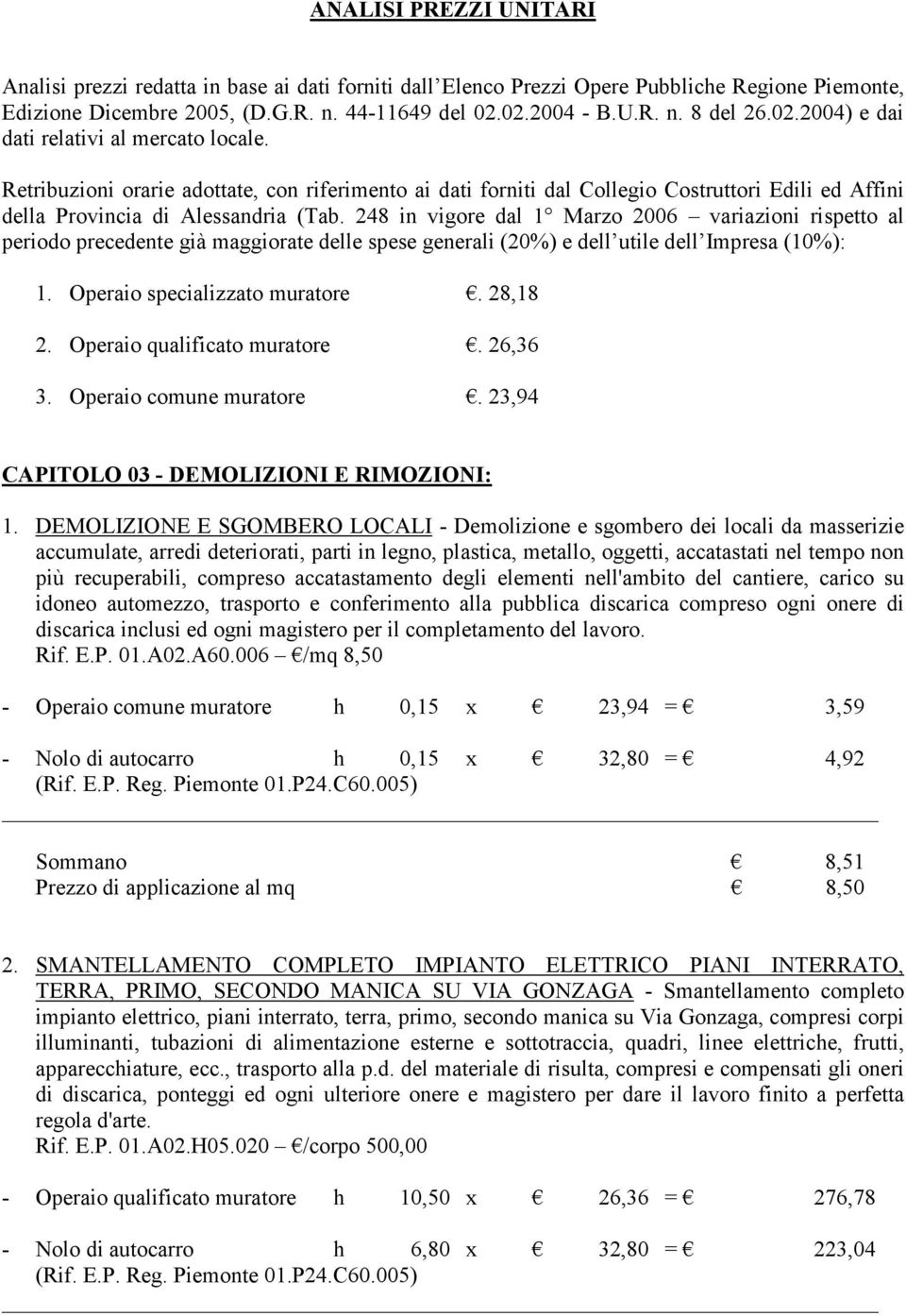 248 in vigore dal 1 Marzo 2006 variazioni rispetto al periodo precedente già maggiorate delle spese generali (20%) e dell utile dell Impresa (10%): 1. Operaio specializzato muratore. 28,18 2.