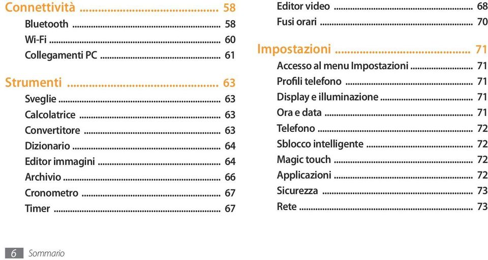 .. 68 Fusi orari... 70 Impostazioni... 71 Accesso al menu Impostazioni... 71 Profili telefono... 71 Display e illuminazione.