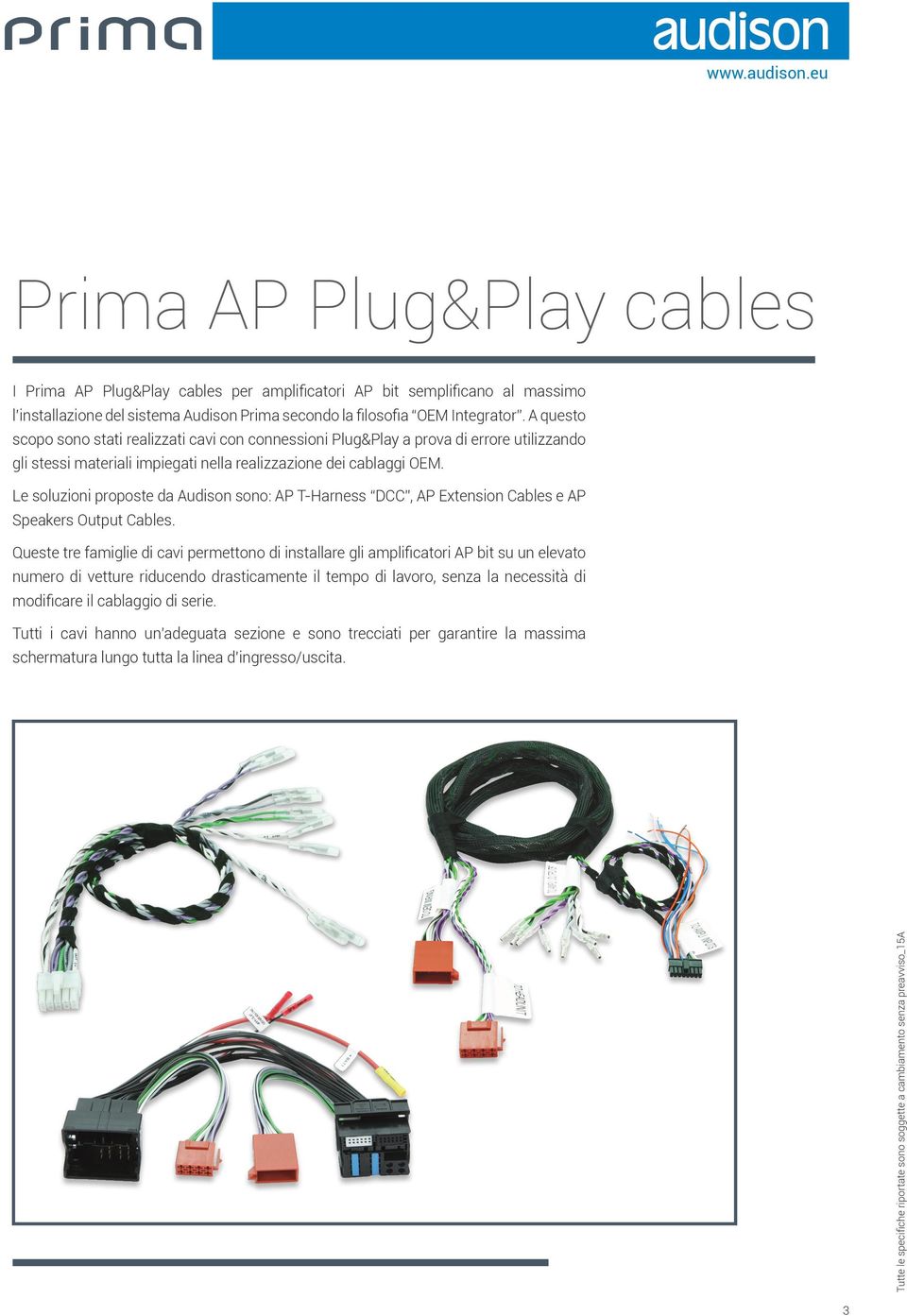 Le soluzioni proposte da Audison sono: AP T-Harness DCC, AP Extension Cables e AP Speakers Output Cables.