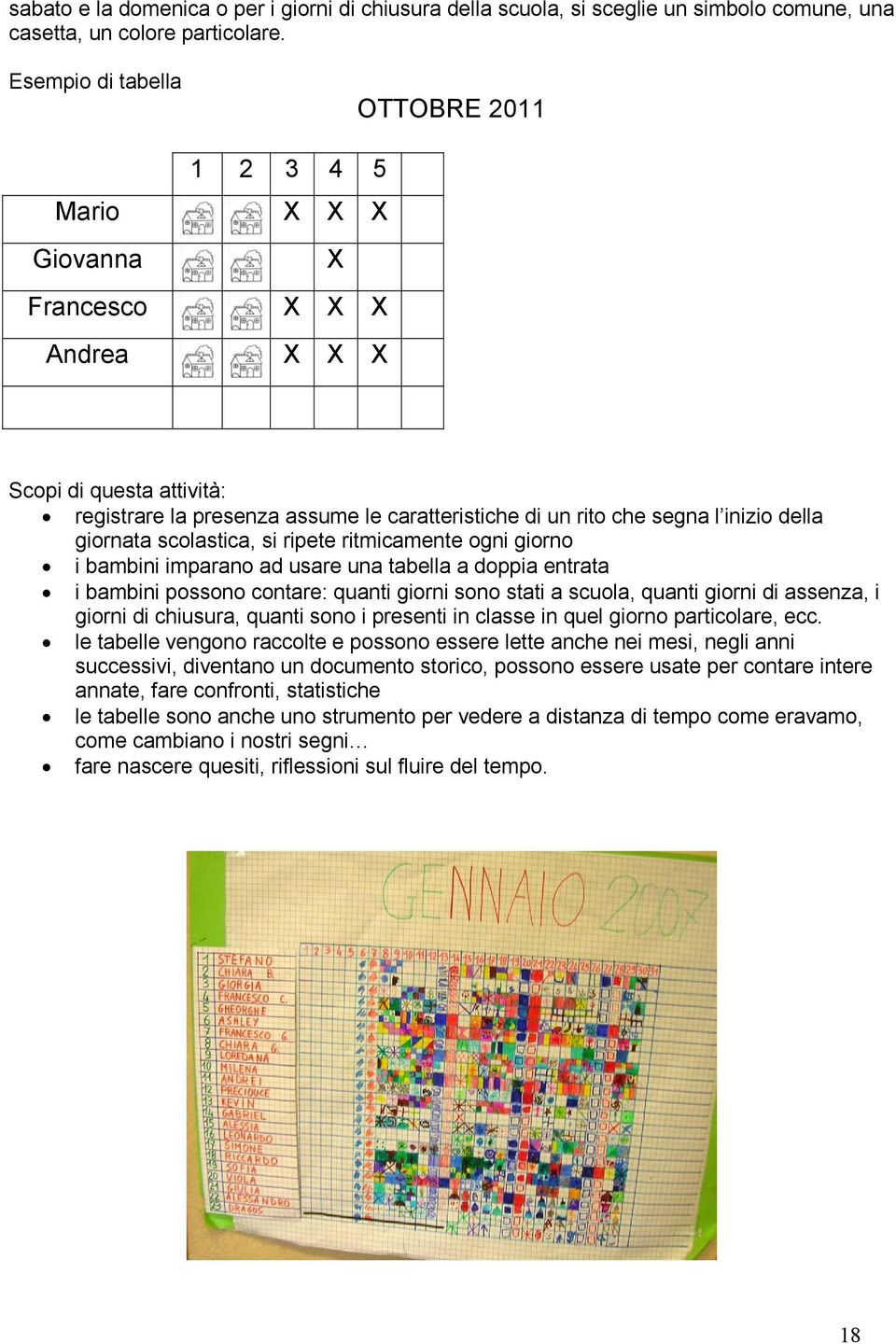 della giornata scolastica, si ripete ritmicamente ogni giorno i bambini imparano ad usare una tabella a doppia entrata i bambini possono contare: quanti giorni sono stati a scuola, quanti giorni di