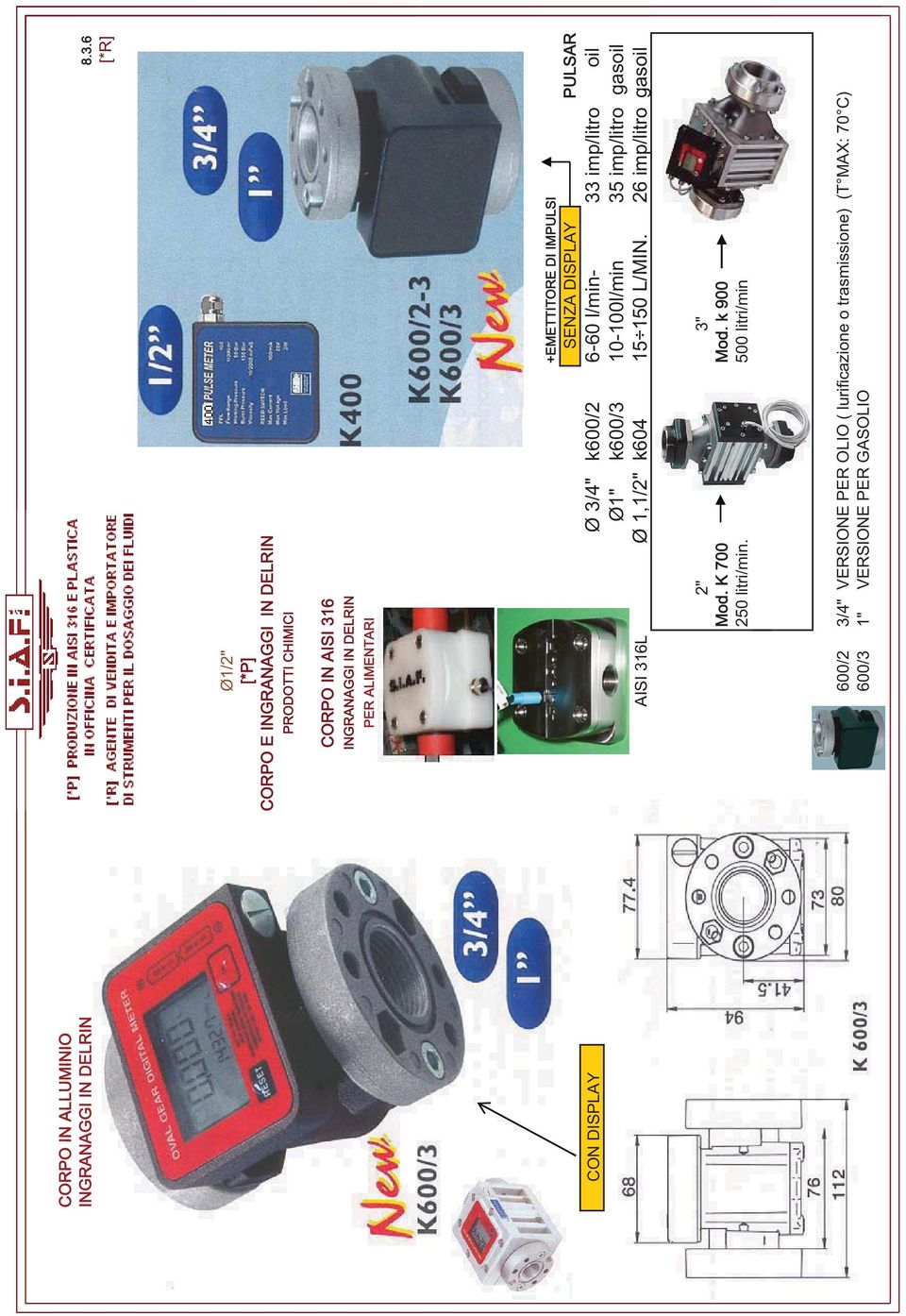 +EMETTITORE DI IMPULSI SENZA DISPLAY PULSAR oil Ø 3/4" k600/2 6-60 l/min- 33 imp/litro Ø1" k600/3 10-100l/min 35 imp/litro gasoil CON