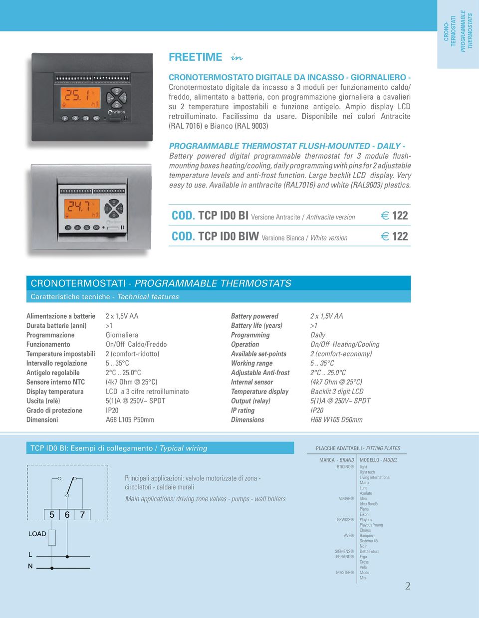 Disponibile nei colori Antracite (RAL 7016) e Bianco (RAL 9003) PROGRAMMABLE THERMOSTAT FLUSH-MOUNTED - DAILY - Battery powered digital programmable thermostat for 3 module flushmounting boxes