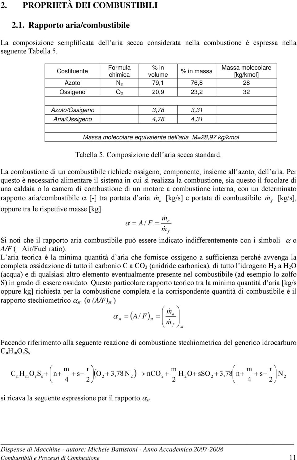 equivalente dell aria M=28,97 kg/kmol Tabella 5. Composizione dell aria secca standard. La combustione di un combustibile richiede ossigeno, componente, insieme all azoto, dell aria.