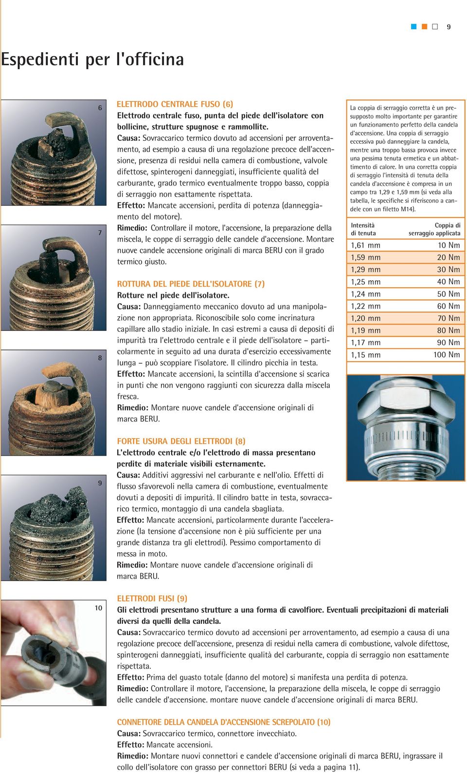 spinterogeni danneggiati, insufficiente qualità del carburante, grado termico eventualmente troppo basso, coppia di serraggio non esattamente rispettata.