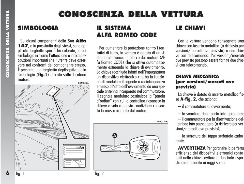 CONOSCENZA DELLA VETTURA A0A1000m IL SISTEMA ALFA ROMEO CODE Per aumentare la protezione contro i tentativi di furto, la vettura è dotata di un sistema elettronico di blocco del motore (Alfa Romeo