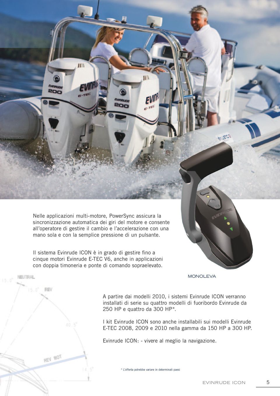 monoleva A partire dai modelli 2010, i sistemi Evinrude ICON verranno installati di serie su quattro modelli di fuoribordo Evinrude da 250 HP e quattro da 300 HP*.