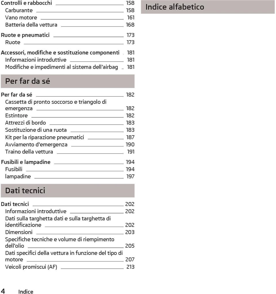 Sostituzione di una ruota 183 Kit per la riparazione pneumatici 187 Avviamento d'emergenza 190 Traino della vettura 191 Fusibili e lampadine 194 Fusibili 194 lampadine 197 Dati tecnici Dati tecnici