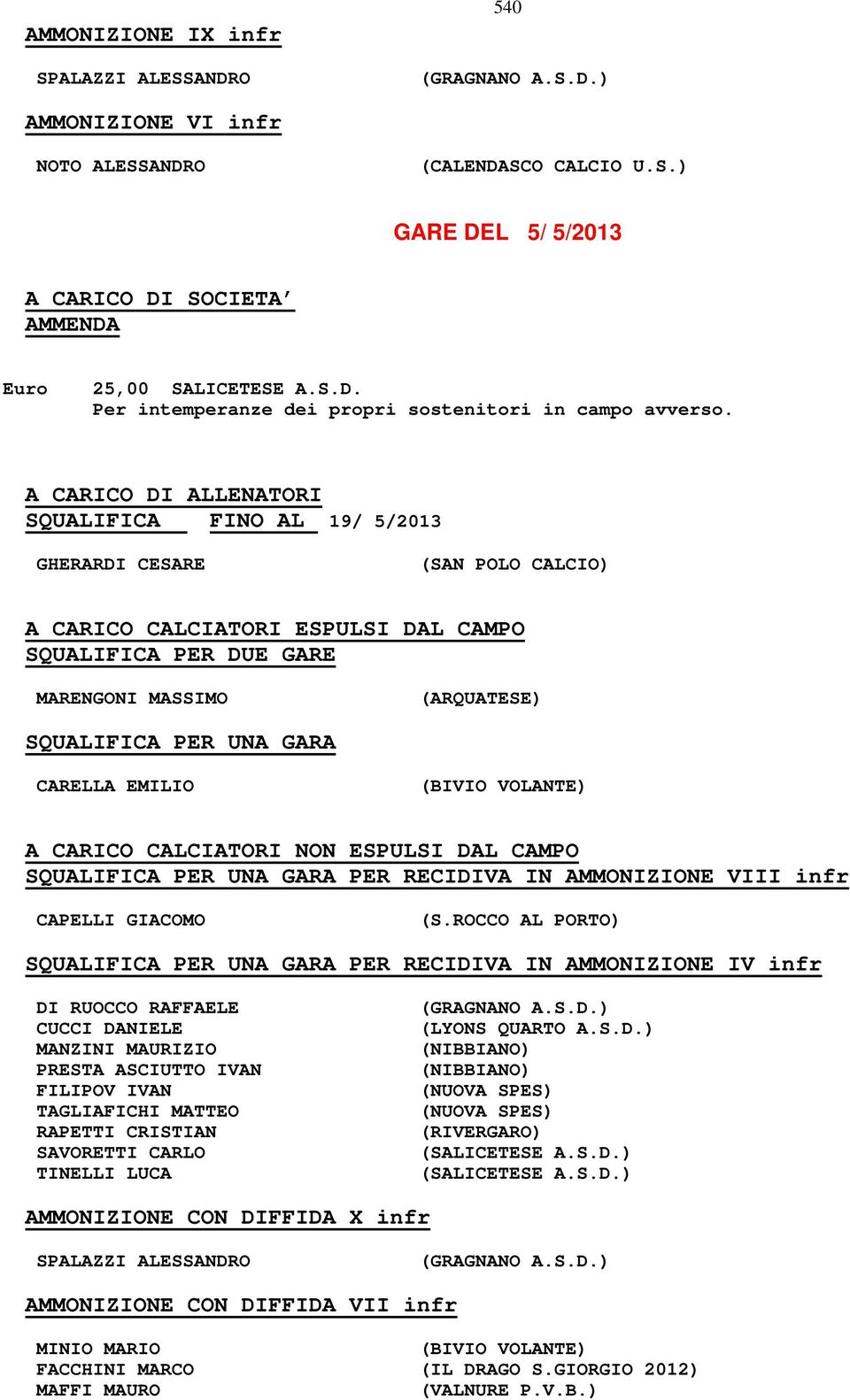 (BIVIO VOLANTE) SQUALIFICA PER UNA GARA PER RECIDIVA IN AMMONIZIONE VIII infr CAPELLI GIACOMO (S.