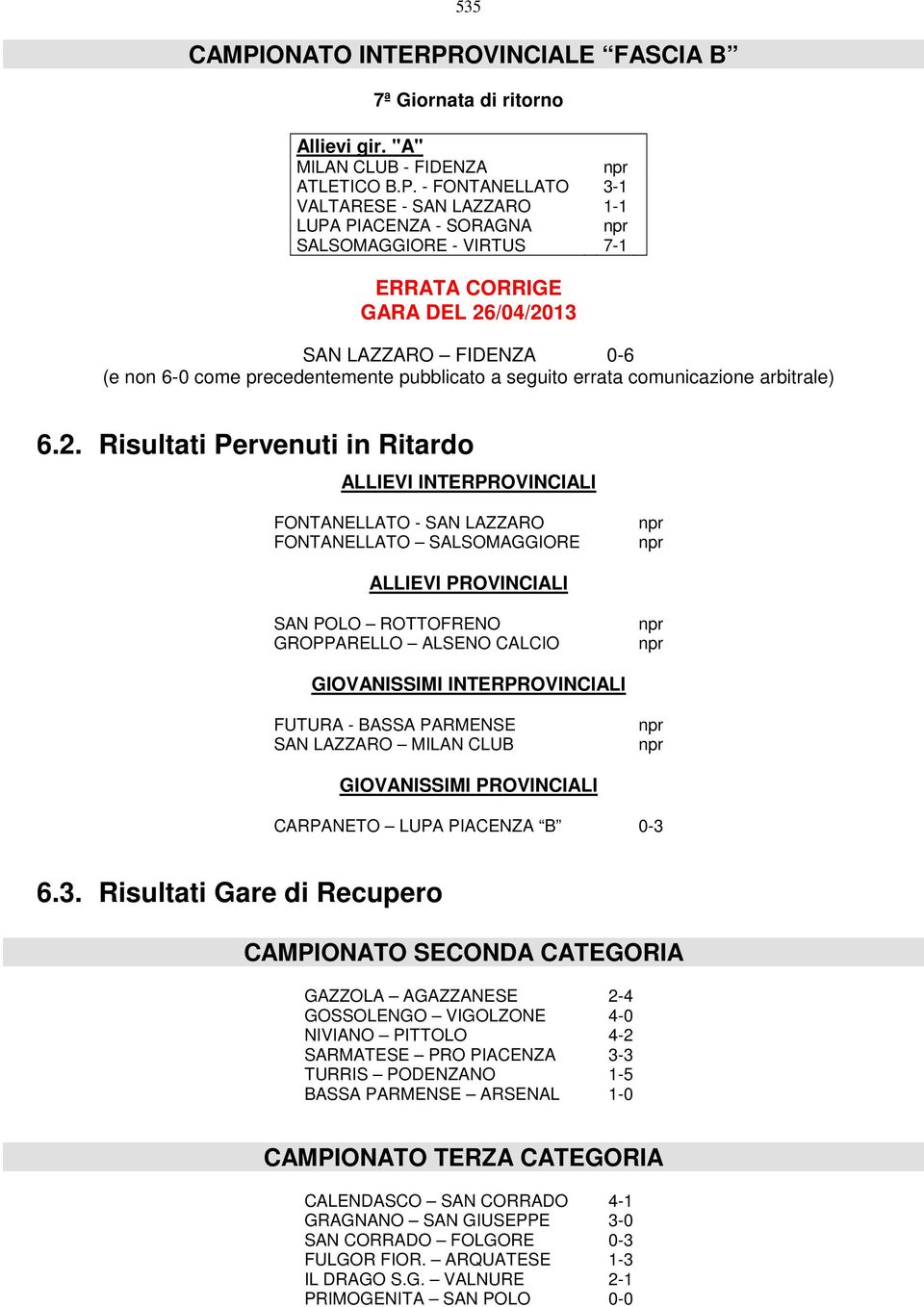 OVINCIALE FASCIA B 7ª Giornata di ritorno Allievi gir. "A" MILAN CLUB - FIDENZA npr ATLETICO B.P.