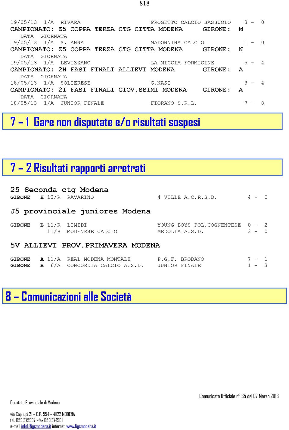 SOLIERESE G.NASI 3-4 CAMPIONATO: 2I FASI FINALI GIOV.SSIMI MODENA GIRONE: A 18/05/13 1/A JUNIOR FINALE FIORANO S.R.L. 7-8 7 1 Gare non disputate e/o risultati sospesi 7 2 Risultati rapporti arretrati 25 Seconda ctg Modena GIRONE H 13/R RAVARINO 4 VILLE A.