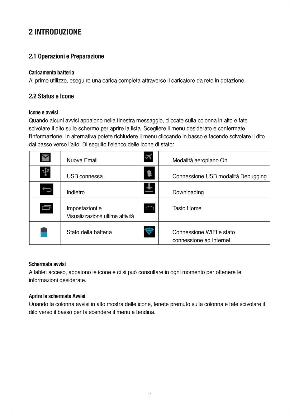 Di seguito l elenco delle icone di stato: Nuova Email Modalità aeroplano On USB connessa Connessione USB modalità Debugging Indietro Downloading Impostazioni e Visualizzazione ultime attività Tasto