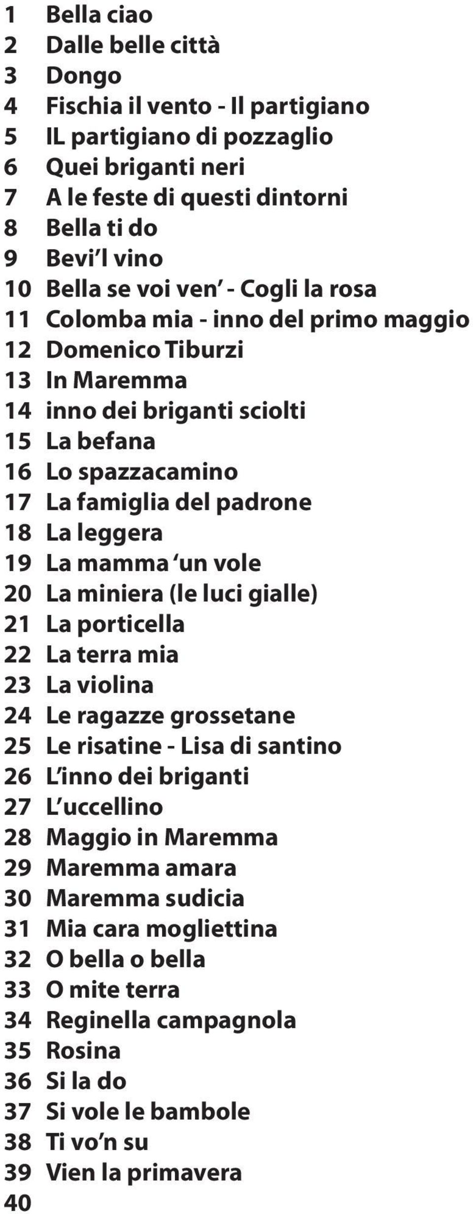 sciolti La befana Lo spazzacamino La famiglia del padrone La leggera La mamma un vole La miniera (le luci gialle) La porticella La terra mia La violina Le ragazze grossetane Le risatine - Lisa di