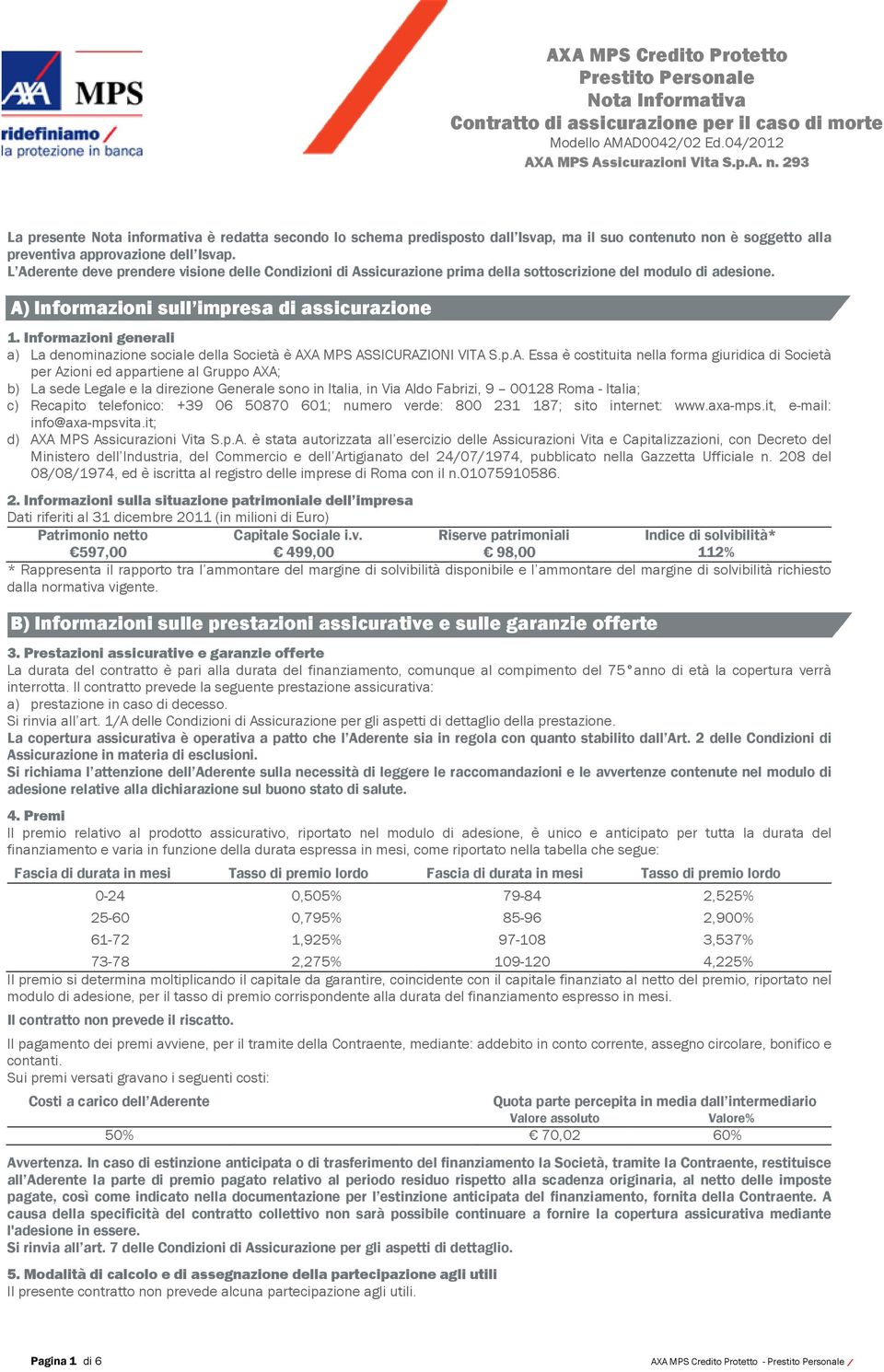 L Aderente deve prendere visione delle Condizioni di Assicurazione prima della sottoscrizione del modulo di adesione. A) Informazioni sull impresa di assicurazione 1.