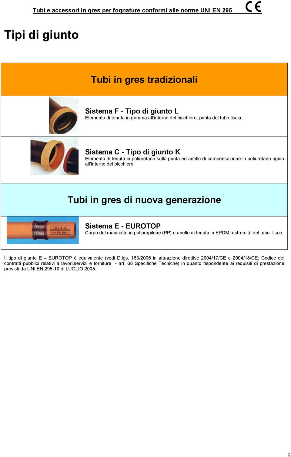 polipropilene (PP) e anello di tenuta in EPDM, estremità del tubo lisce. Il tipo di giunto E EUROTOP è equivalente (vedi D.lgs.