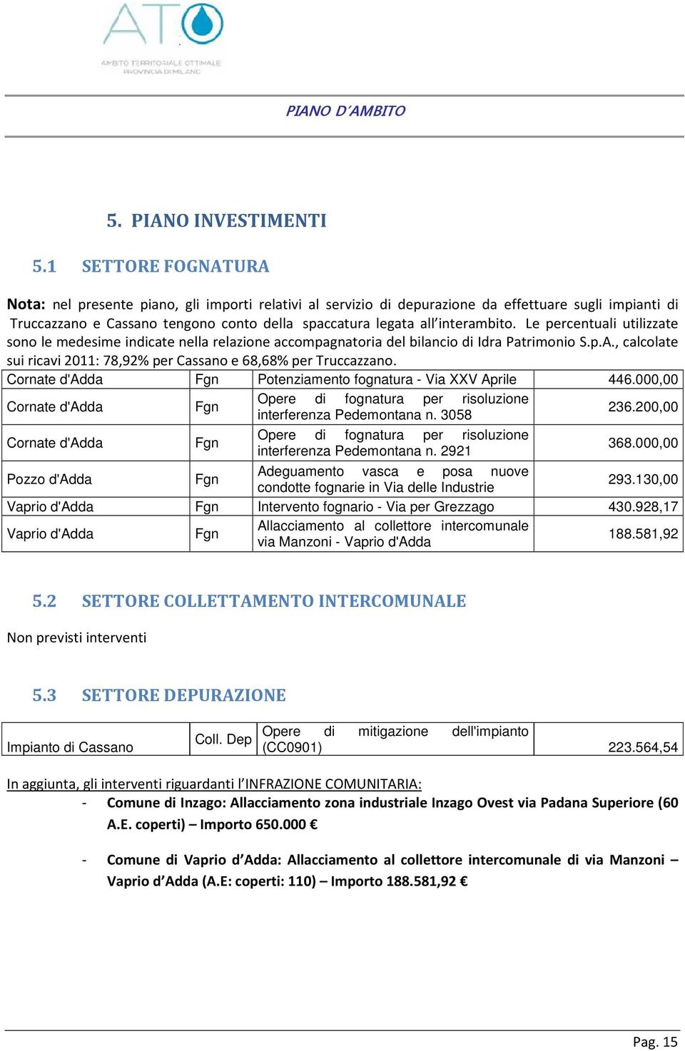 interambito. Le percentuali utilizzate sono le medesime indicate nella relazione accompagnatoria del bilancio di Idra Patrimonio S.p.A.