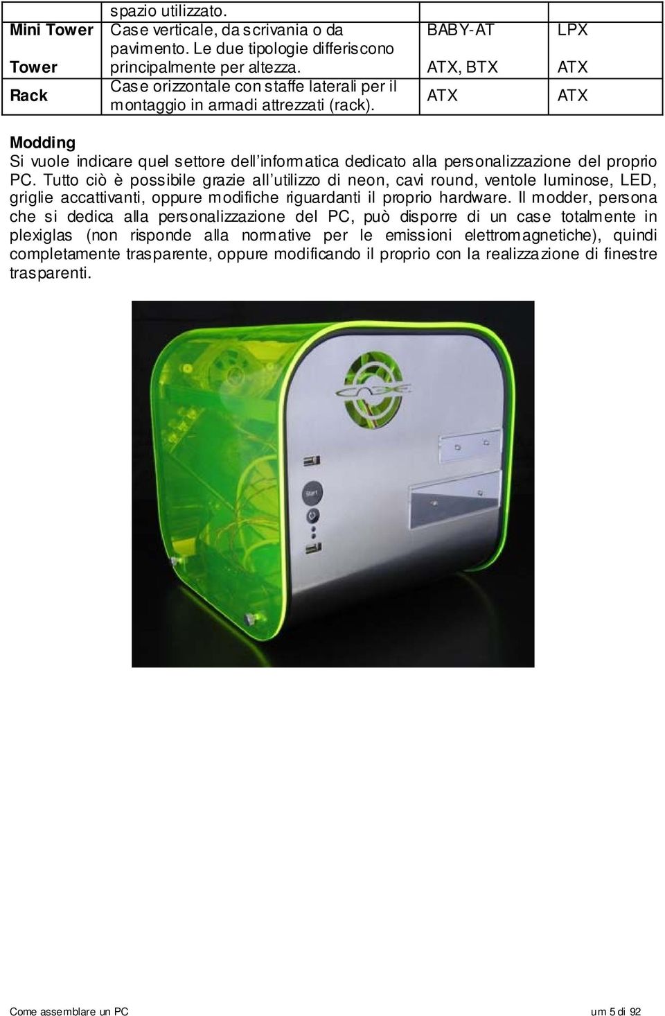 BABY-AT ATX, BTX ATX LPX ATX ATX Modding Si vuole indicare quel settore dell informatica dedicato alla personalizzazione del proprio PC.