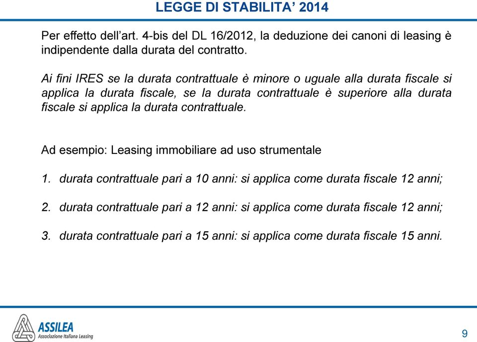 fiscale si applica la durata contrattuale. Ad esempio: Leasing immobiliare ad uso strumentale 1.