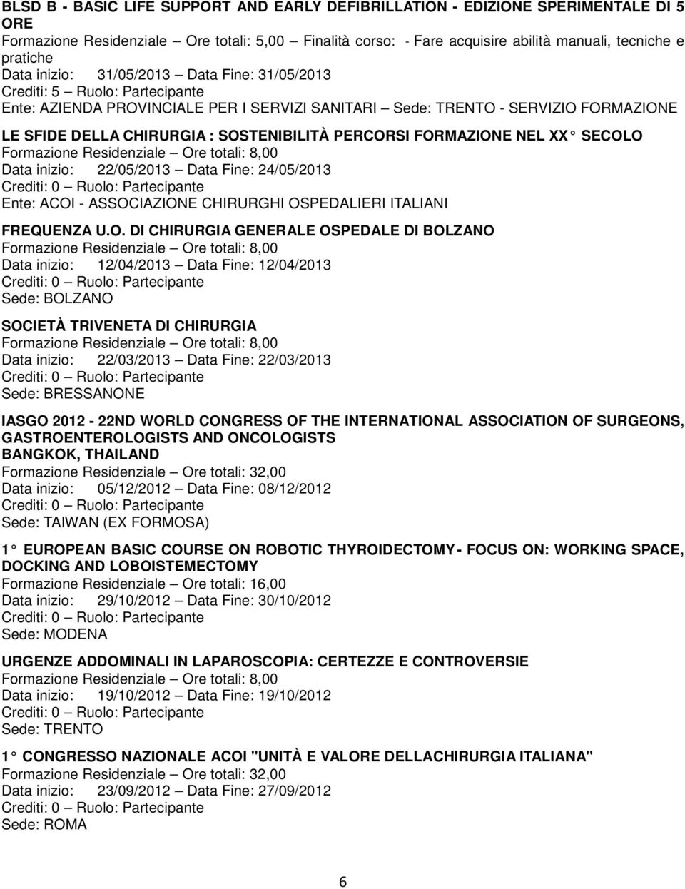 SOSTENIBILITÀ PERCORSI FORMAZIONE NEL XX SECOLO Data inizio: 22/05/2013 Data Fine: 24/05/2013 Ente: ACOI - ASSOCIAZIONE CHIRURGHI OSPEDALIERI ITALIANI FREQUENZA U.O. DI CHIRURGIA GENERALE OSPEDALE DI