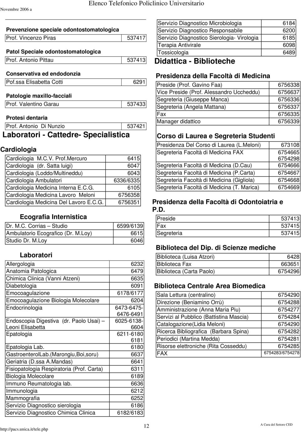 Satta luigi) 6047 Cardiologia (Loddo/Multineddu) 6043 Cardiologia Ambulatori 6336/6335 Cardiologia Medicina Interna E.C.G.