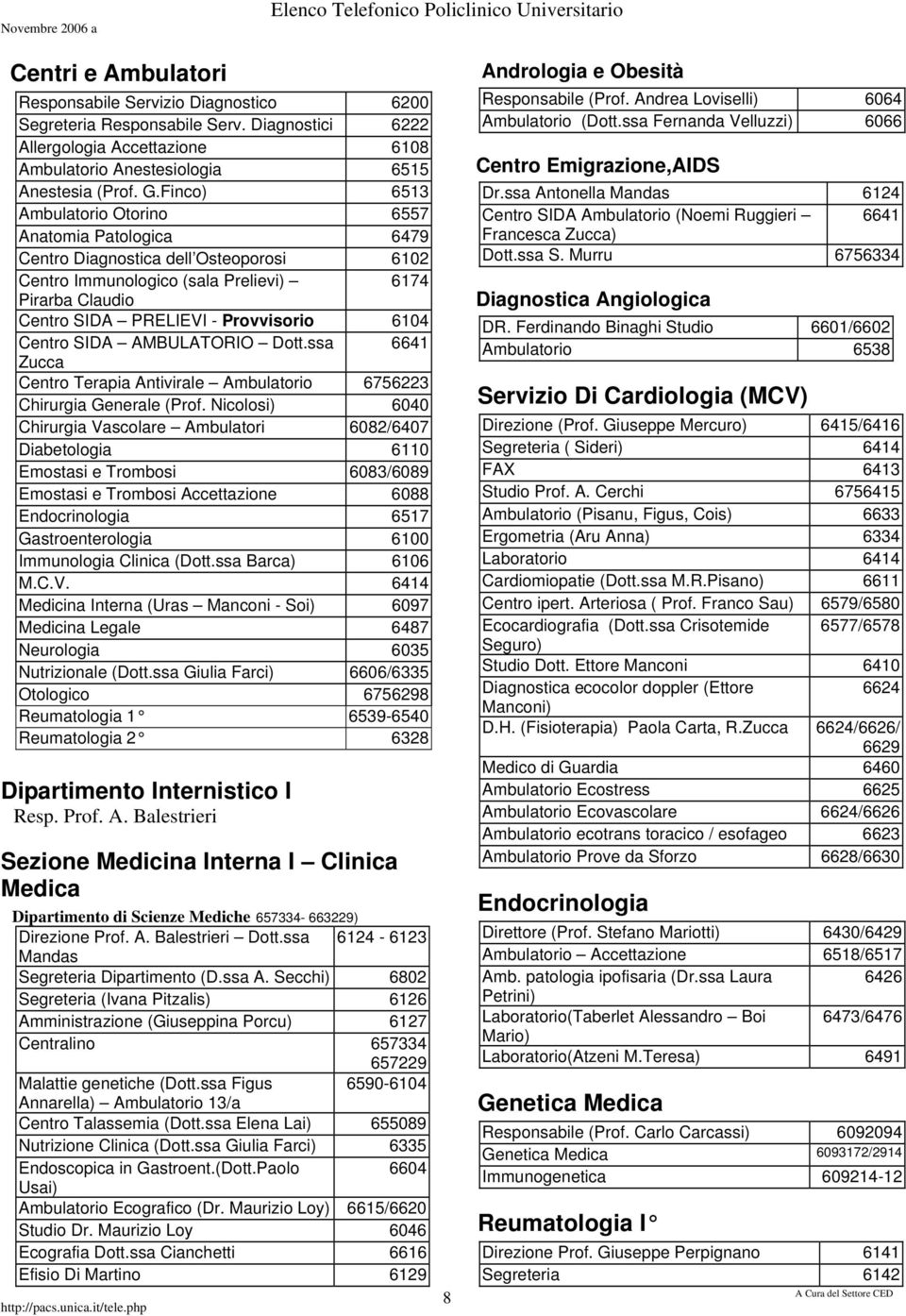 Centro SIDA AMBULATORIO Dott.ssa 6641 Zucca Centro Terapia Antivirale Ambulatorio 6756223 Chirurgia Generale (Prof.