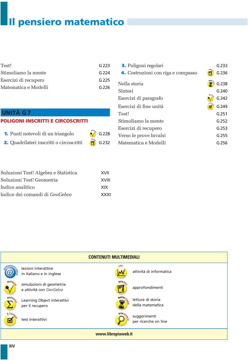 Costruzioni con riga e compasso Nella storia WEBDOC MATHSTORIA G 236 G 238 Sintesi G 240 Esercizi di paragrafo Esercizi di fine unità MATHSIM E-TRAINER G 242 G 249 Test!