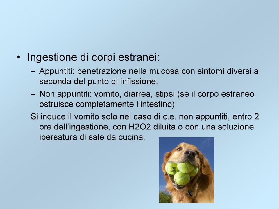 Non appuntiti: vomito, diarrea, stipsi (se il corpo estraneo ostruisce completamente l