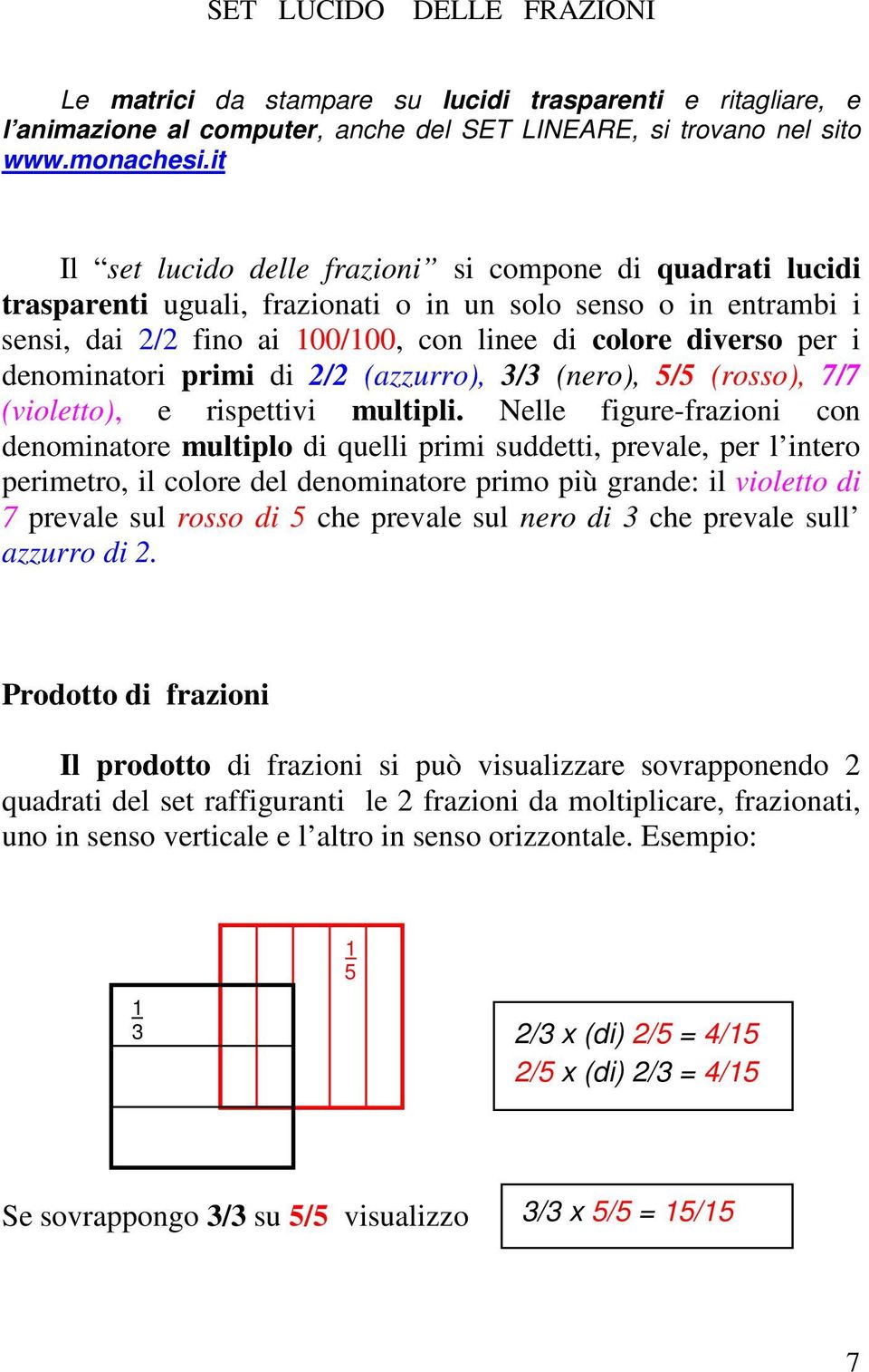 denominatori primi di 2/2 (azzurro), 3/3 (nero), 5/5 (rosso), 7/7 (violetto), e rispettivi multipli.