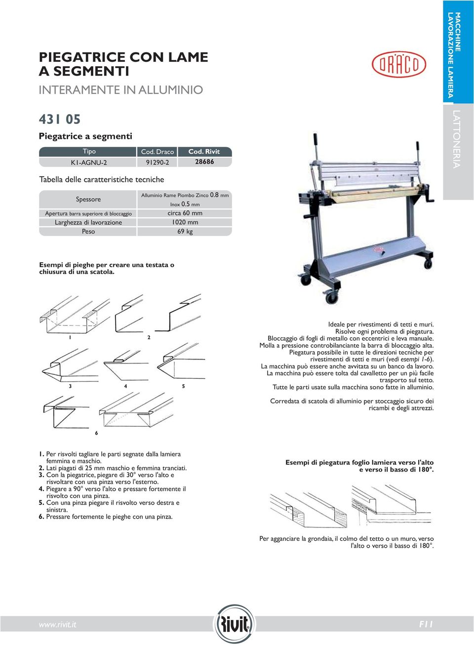 5 mm circa 60 mm 1020 mm 69 kg Esempi di pieghe per creare una testata o chiusura di una scatola. 1 2 3 4 5 Ideale per rivestimenti di tetti e muri. Risolve ogni problema di piegatura.