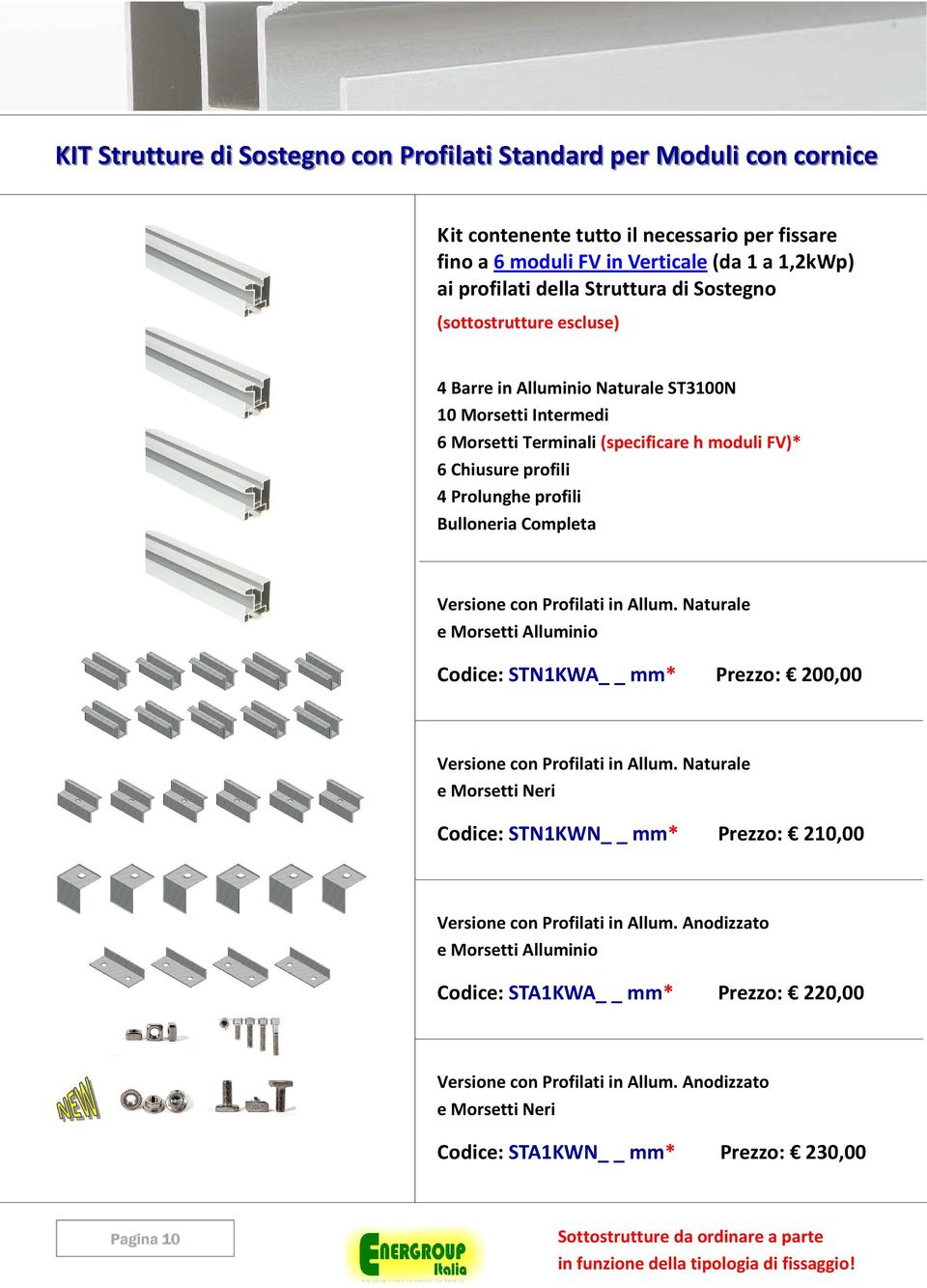 Completa Versione con Profilati in Allum. Naturale e Morsetti Alluminio Codice: STN1KWA mm* Prezzo: 200,00 Versione con Profilati in Allum.