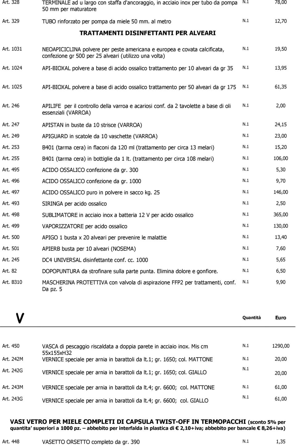 1024 API-BIOXAL polvere a base di acido ossalico trattamento per 10 alveari da gr 35 N.1 13,95 Art. 1025 API-BIOXAL polvere a base di acido ossalico trattamento per 50 alveari da gr 175 N.1 61,35 Art.