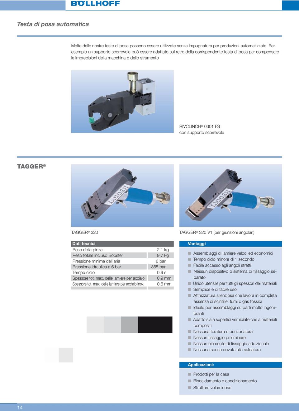 scorrevole TAGGER TAGGER 320 Dati tecnici Peso della pinza Peso totale incluso Booster Pressione minima dell aria Pressione idraulica a 6 bar Tempo ciclo Spessore tot. max.