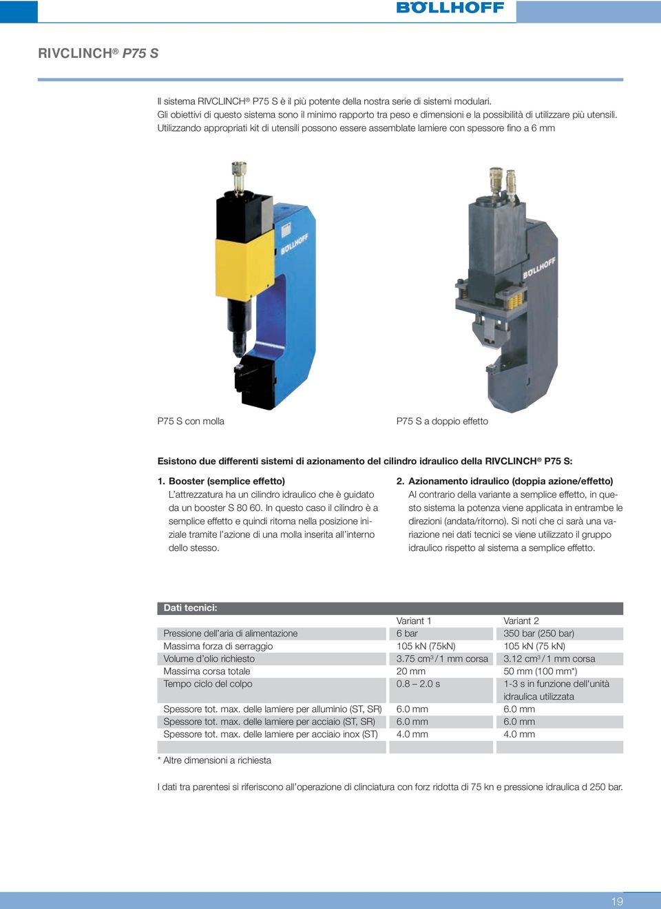 Utilizzando appropriati kit di utensili possono essere assemblate lamiere con spessore fino a 6 mm P75 S con molla P75 S a doppio effetto Esistono due differenti sistemi di azionamento del cilindro