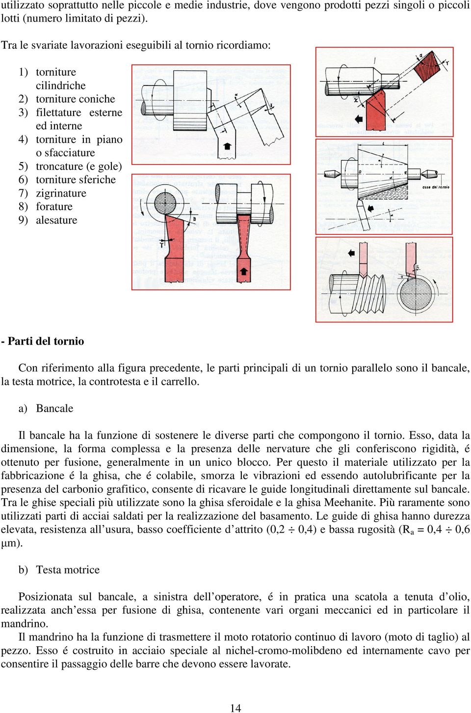 6) torniture sferiche 7) zigrinature 8) forature 9) alesature - Parti del tornio Con riferimento alla figura precedente, le parti principali di un tornio parallelo sono il bancale, la testa motrice,