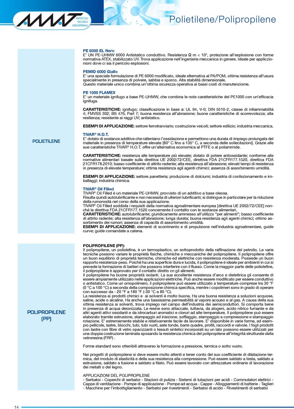 PEMID 6000 Giallo E una speciale formulazione di PE 6000 modificato, ideale elternativa al PA/POM, ottima resistenza all usura specialmente in presenza di polvere, sabbia e sporco.
