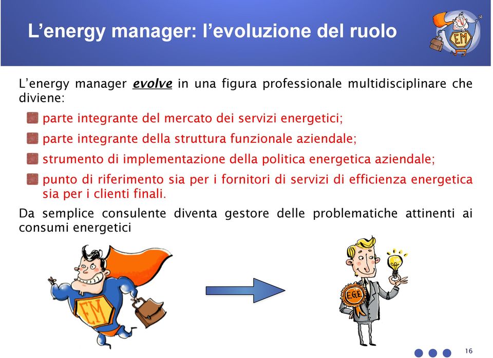 implementazione della politica energetica aziendale; punto di riferimento sia per i fornitori di servizi di efficienza