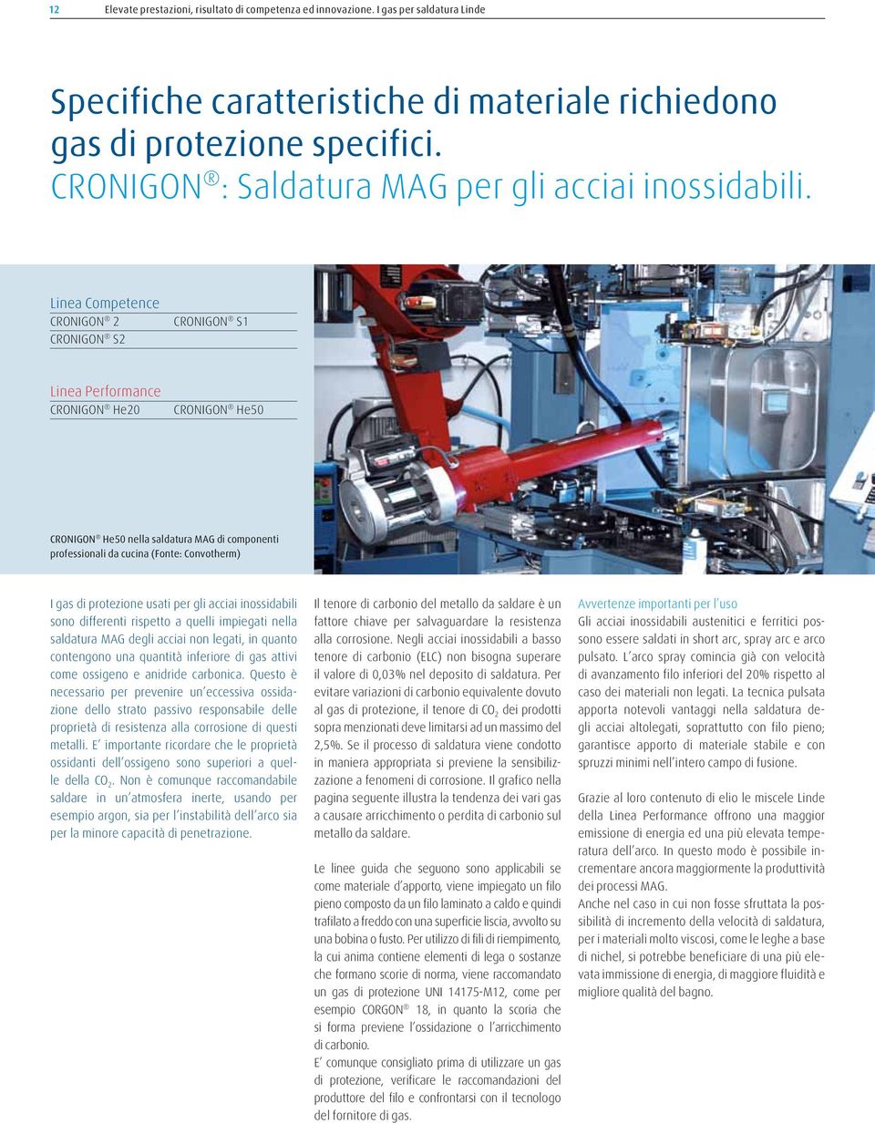 Linea Competence CRONIGON 2 CRONIGON S2 CRONIGON S1 Linea Performance CRONIGON He20 CRONIGON He50 CRONIGON He50 nella saldatura MAG di componenti professionali da cucina (Fonte: Convotherm) I gas di