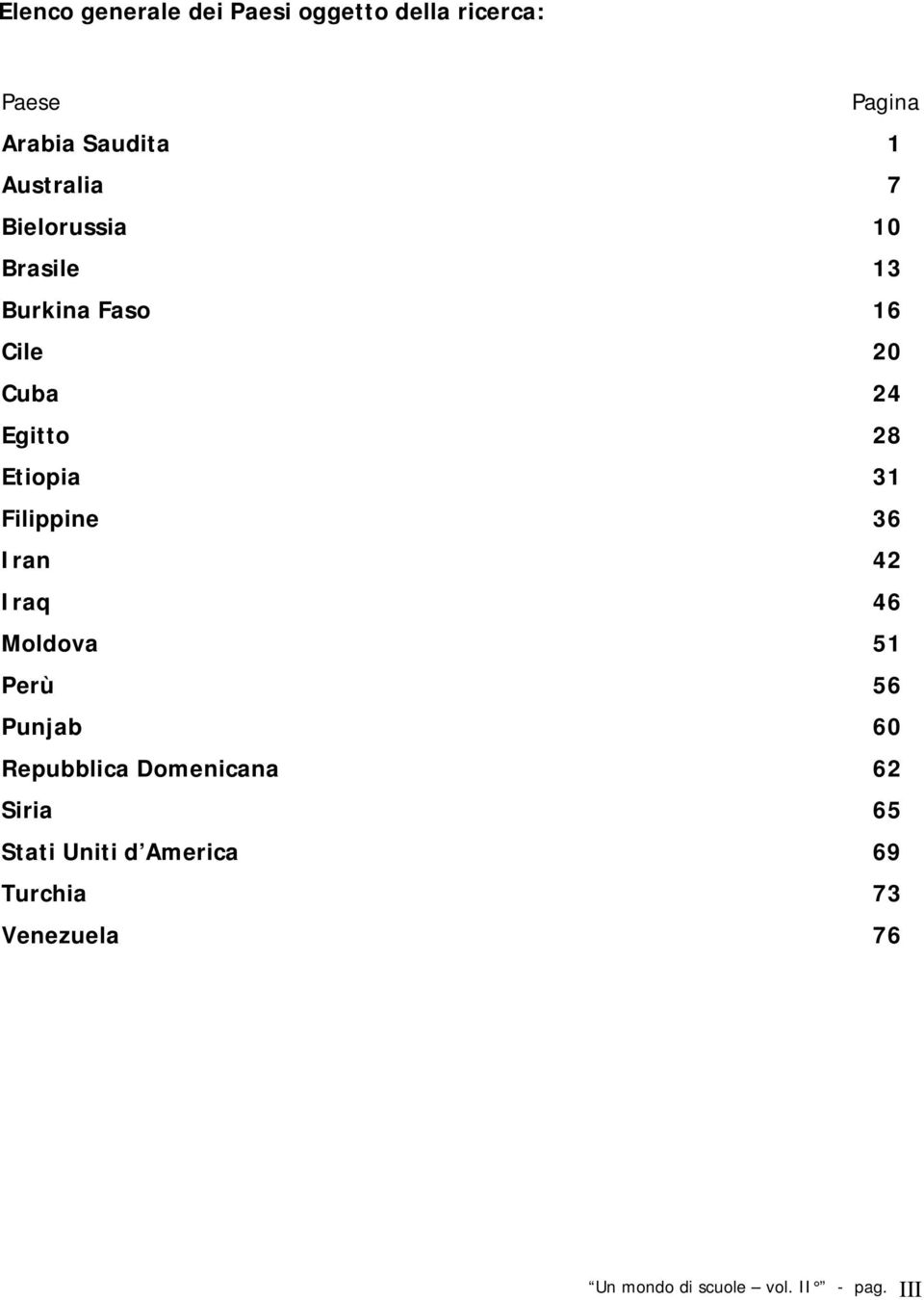 Etiopia 31 Filippine 36 Iran 42 Iraq 46 Moldova 51 Perù 56 Punjab 60 Repubblica