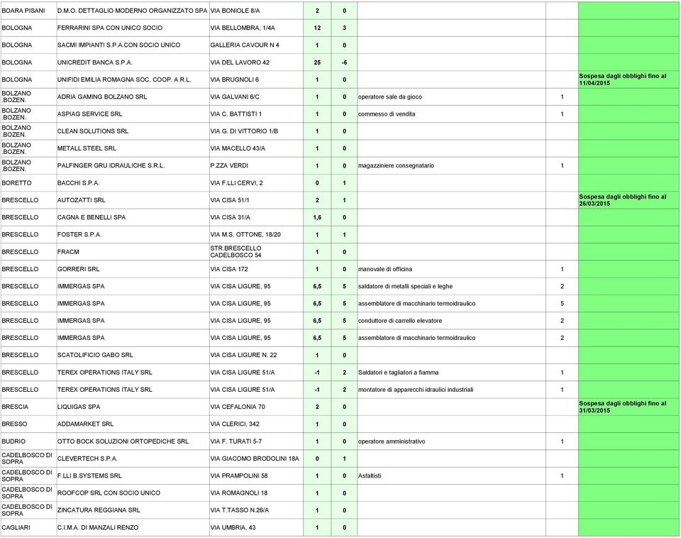 BATTISTI 1 commesso di vendita 1 CLEAN SOLUTIONS SRL VIA G. DI VITTO 1/B METALL STEEL SRL VIA MACELLO 43/A PALFINGER GRU IDRAULICHE S.R.L. P.ZZA VERDI magazziniere consegnatario 1 11/04/2015 BORETTO BACCHI S.
