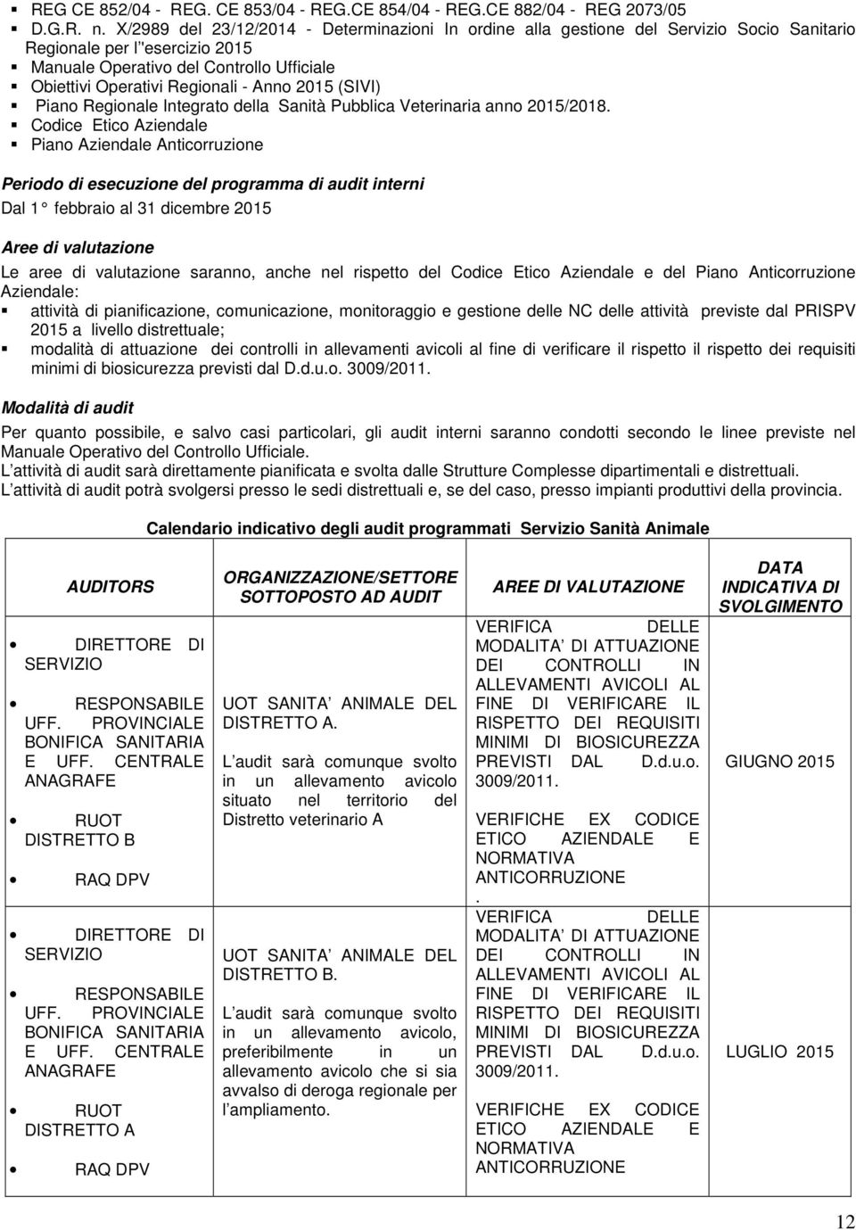 Anno 2015 (SIVI) Piano Regionale Integrato della Sanità Pubblica Veterinaria anno 2015/2018.