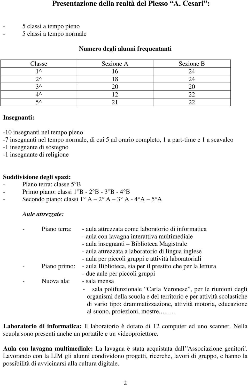 tempo pieno -7 insegnanti nel tempo normale, di cui 5 ad orario completo, 1 a part-time e 1 a scavalco -1 insegnante di sostegno -1 insegnante di religione Suddivisione degli spazi: - Piano terra: