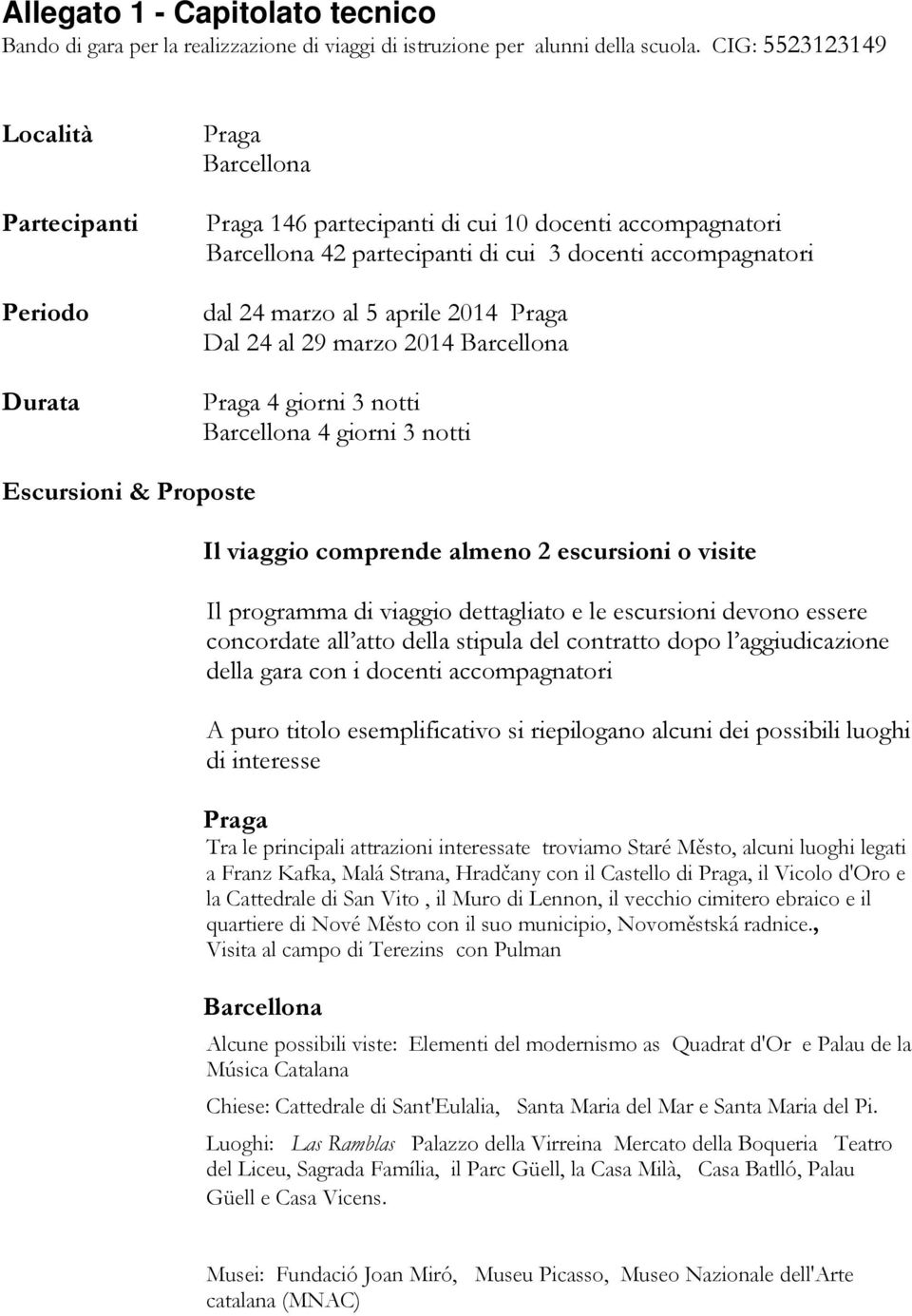 al 5 aprile 2014 Praga Dal 24 al 29 marzo 2014 Barcellona Praga 4 giorni 3 notti Barcellona 4 giorni 3 notti Escursioni & Proposte Il viaggio comprende almeno 2 escursioni o visite Il programma di