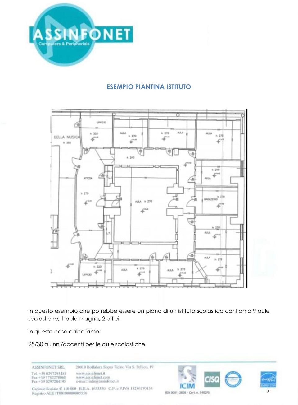 aule scolastiche, 1 aula magna, 2 uffici.
