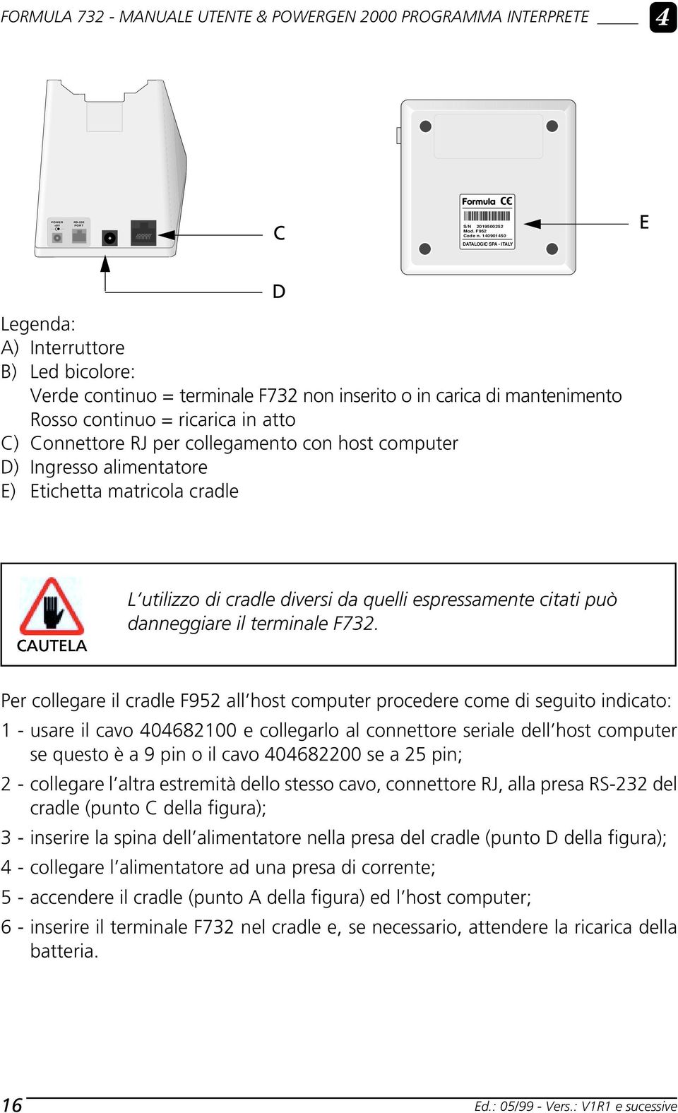 RJ per collegamento con host computer D) Ingresso alimentatore E) Etichetta matricola cradle L utilizzo di cradle diversi da quelli espressamente citati può danneggiare il terminale F732.