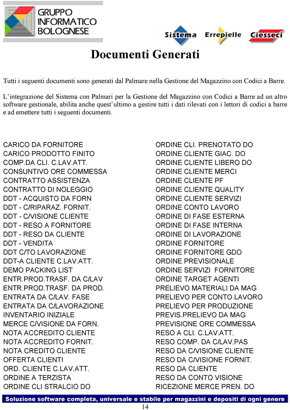 codici a barre e ad emettere tutti i seguenti documenti. CARICO DA FORNITORE CARICO PRODOTTO FINITO COMP.DA CLI. C.LAV.ATT.