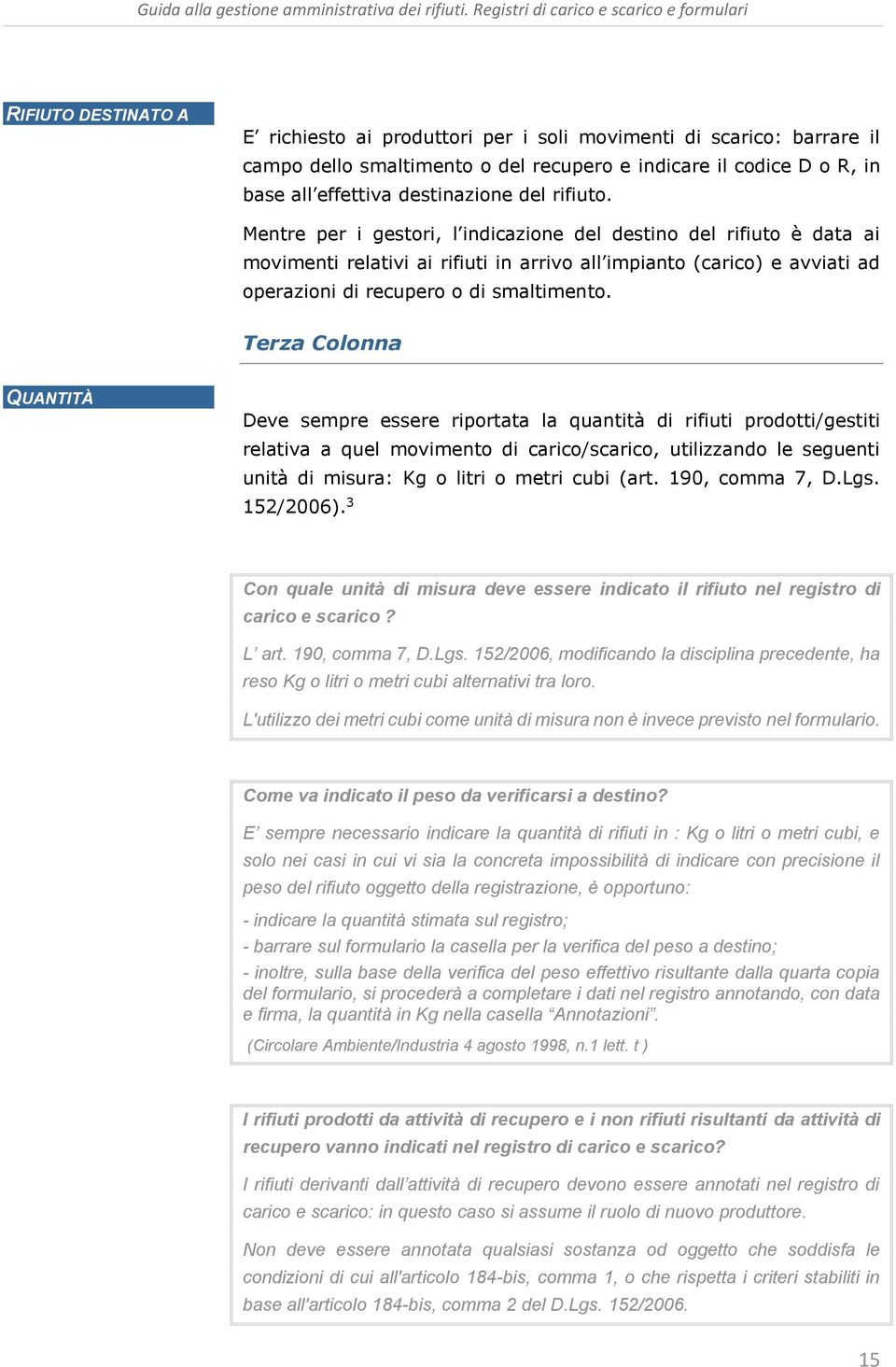 Terza Colonna QUANTITÀ Deve sempre essere riportata la quantità di rifiuti prodotti/gestiti relativa a quel movimento di carico/scarico, utilizzando le seguenti unità di misura: Kg o litri o metri