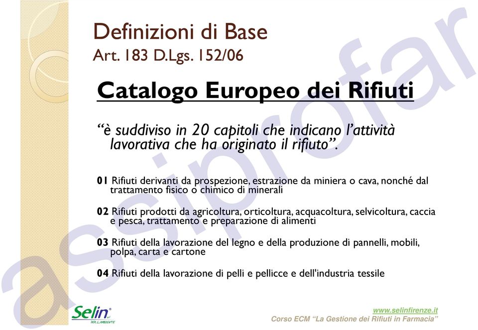 01 Rifiuti derivanti da prospezione, estrazione da miniera o cava, nonché dal trattamento fisico o chimico di minerali 02 Rifiuti prodotti da