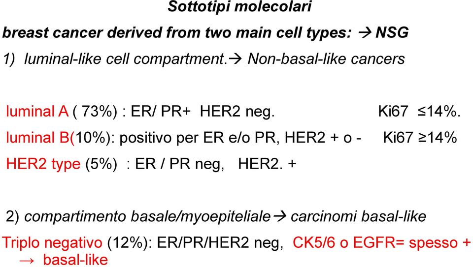 luminal B(10%): positivo per ER e/o PR, HER2 + o - Ki67 14% HER2 type (5%) : ER / PR neg, HER2.