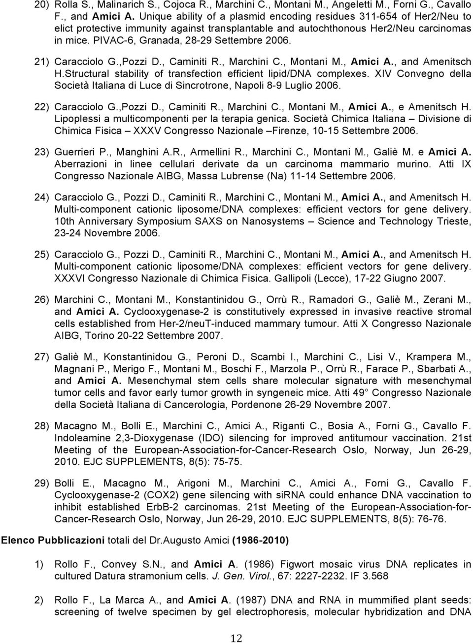 PIVAC-6, Granada, 28-29 Settembre 2006. 21) Caracciolo G.,Pozzi D., Caminiti R., Marchini C., Montani M., Amici A., and Amenitsch H.Structural stability of transfection efficient lipid/dna complexes.